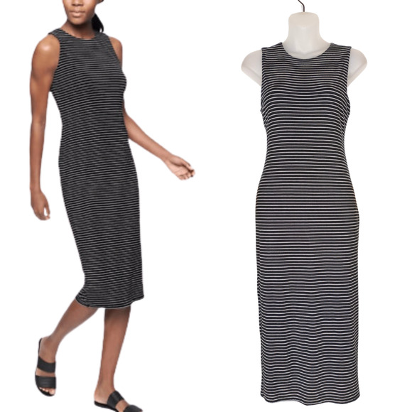 ATHLETA Black Stripe Twist Back Midi Dress Jersey Knit Sleeveless Women's XS - Picture 1 of 5